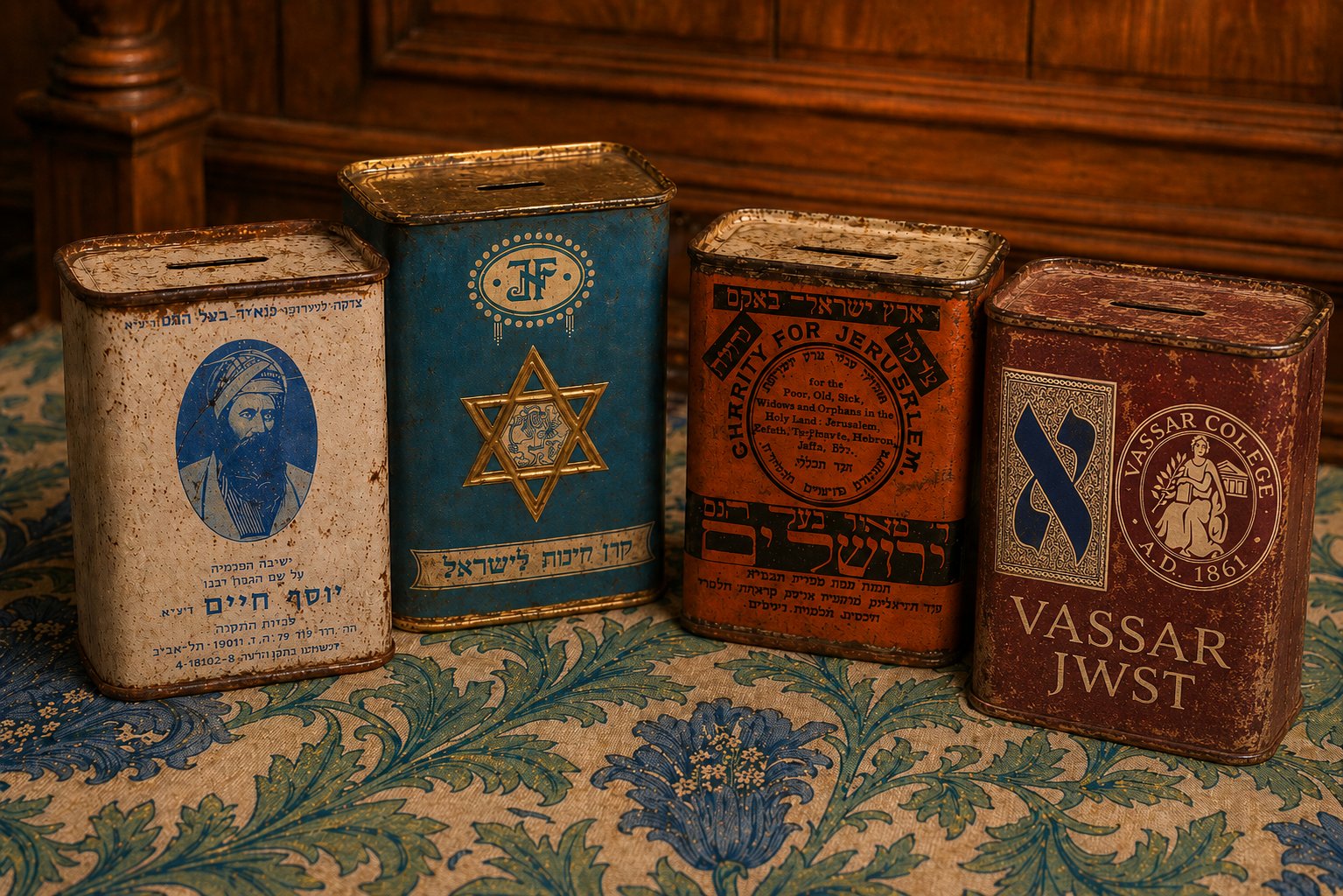 Four antique tzedakah collection boxes on a tasseled cushion — three older Israeli and European examples, and at right a fourth box marked &lsquo;VASSAR JWST&rsquo; with the Vassar College seal.