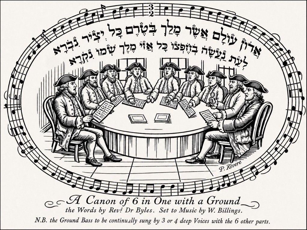 Paul Revere engraving titled &lsquo;A Canon of 6 in One with a Ground&rsquo; &mdash; Colonial-era men around a table singing from sheet music, encircled by an oval band of musical notation containing the opening words of &lsquo;Adon Olam&rsquo; in Hebrew. Set to Music by W. Billings.