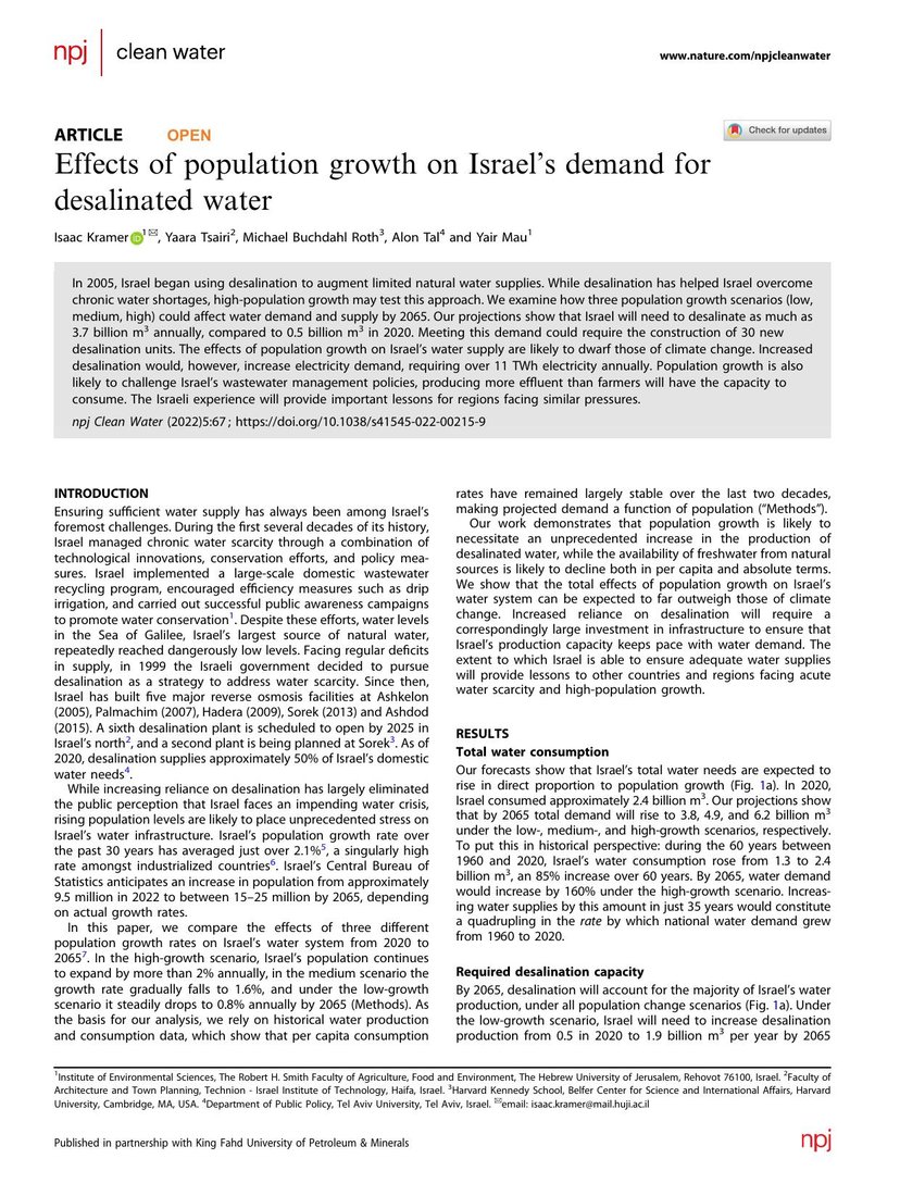 First page of Roth's article in npj Clean Water on Israel's demand for desalinated water.