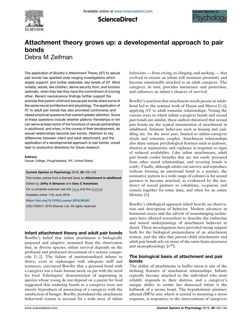 First page of Debra Zeifman's article 'Attachment theory grows up' in Current Opinion in Psychology.