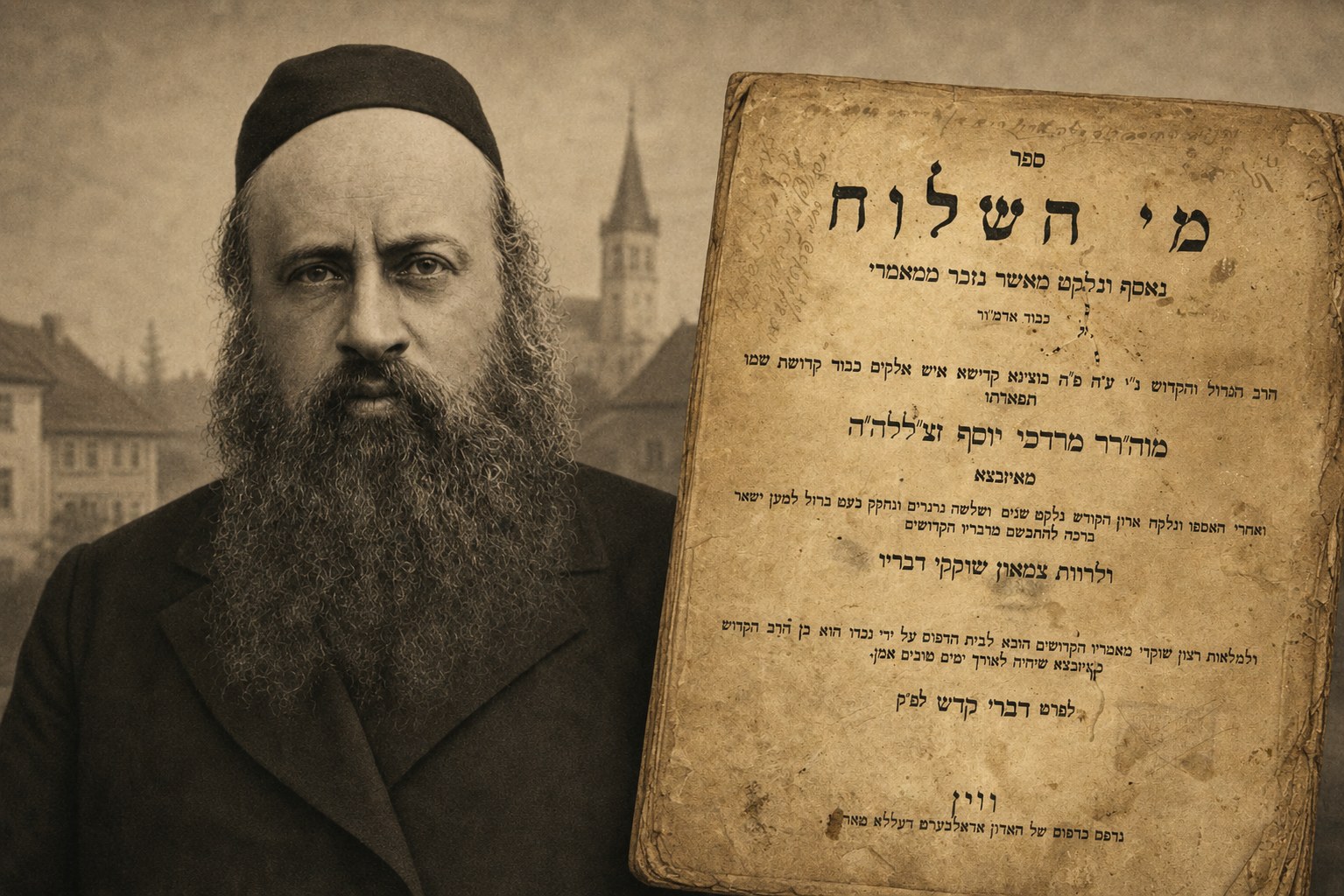 Rabbi Mordechai Yosef Leiner of Izbica with the title page of his Mei ha-Shiloḥa.
