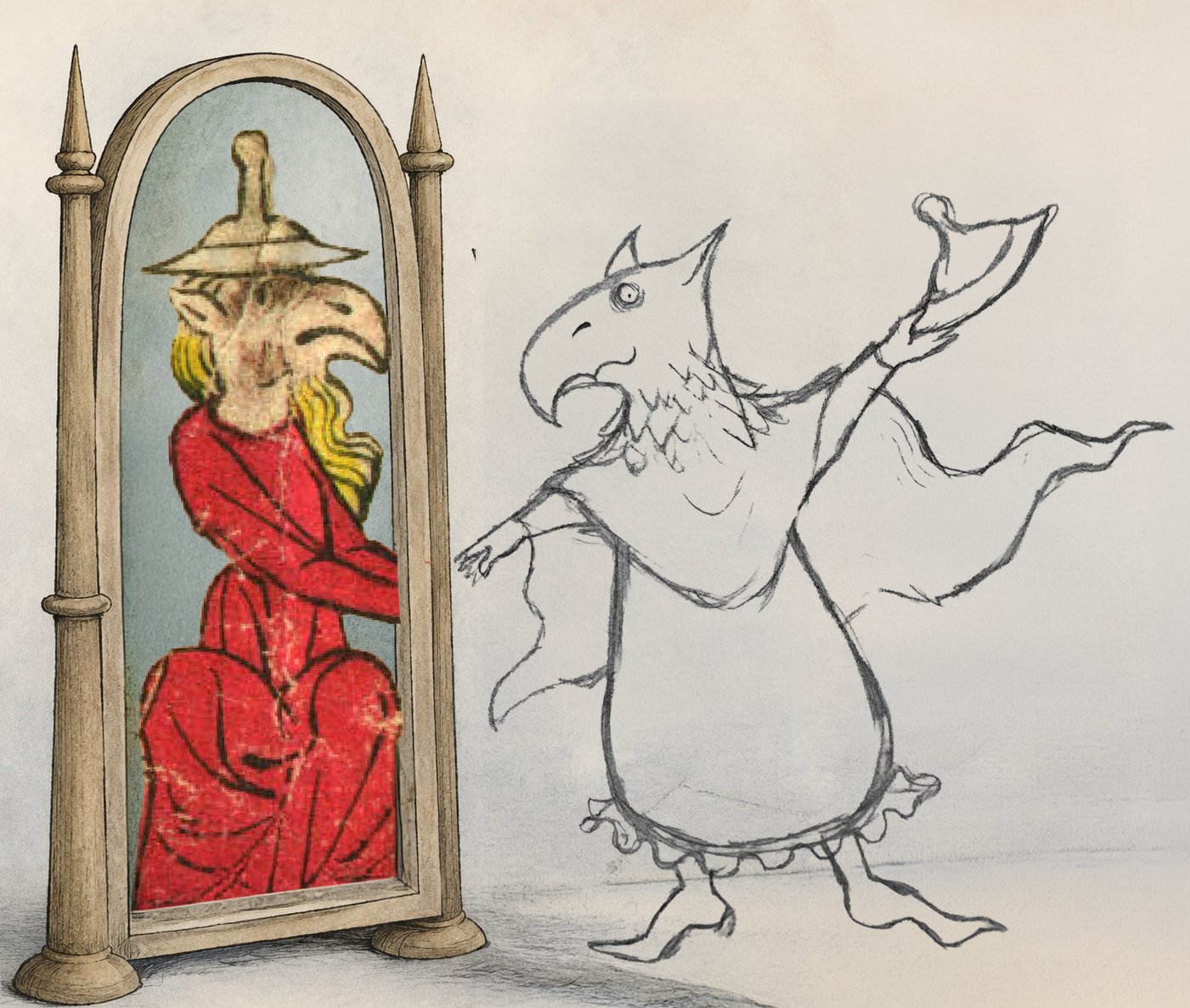 annA Kozloski's illustration for the Griffins' Head Megillah — a griffin-headed figure regarding its reflection in a mirror.