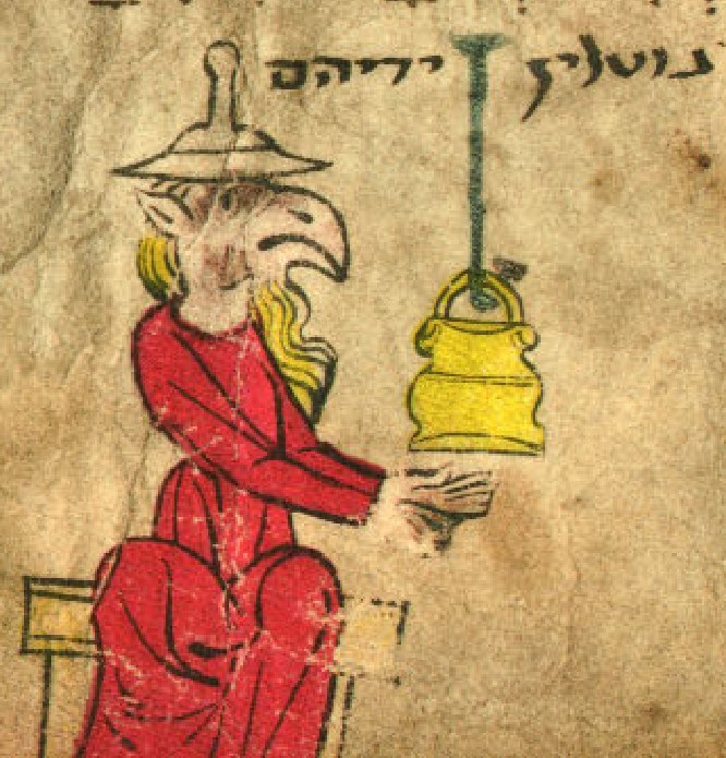 A page detail from the Griffins' Head Haggadah: a single griffin-headed Jewish figure washing his hands at the Seder.