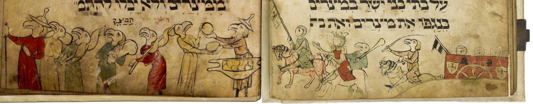 Two facing folios of the c. 1300 Griffins' Head Haggadah: griffin-headed Jews preparing matzot at left; griffin-headed Jewish warriors confront a chariot of blank-faced Egyptians at right.