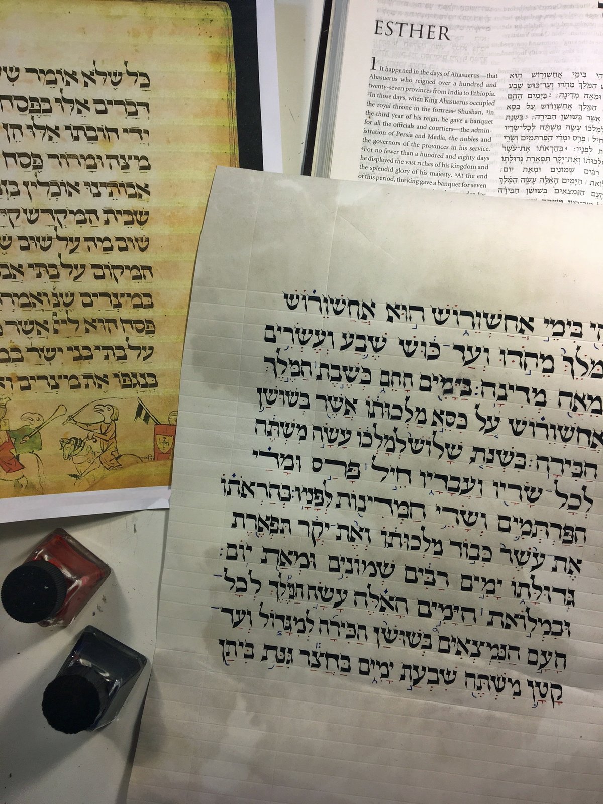 The soferet's hand and a quill, working through the medieval Ashkenazic script of the Griffins' Head Megillah.