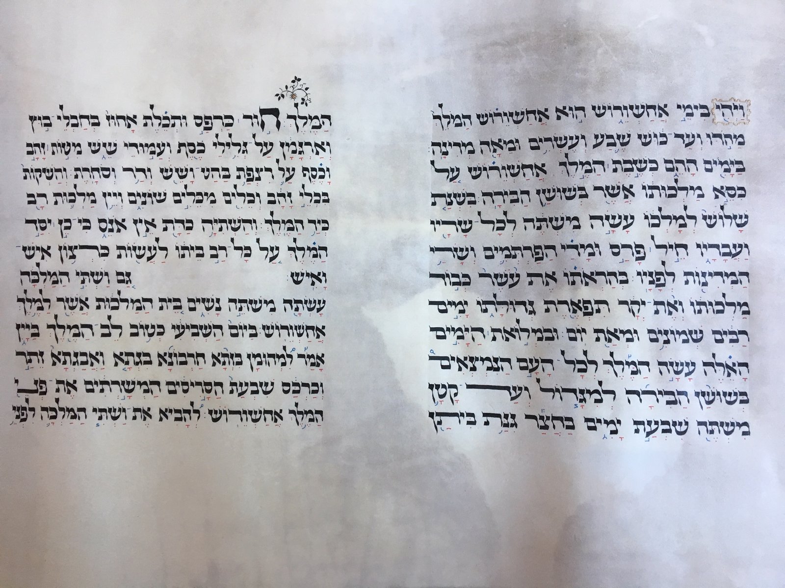 A column of Hebrew text with red vowel points and blue trop marks added.