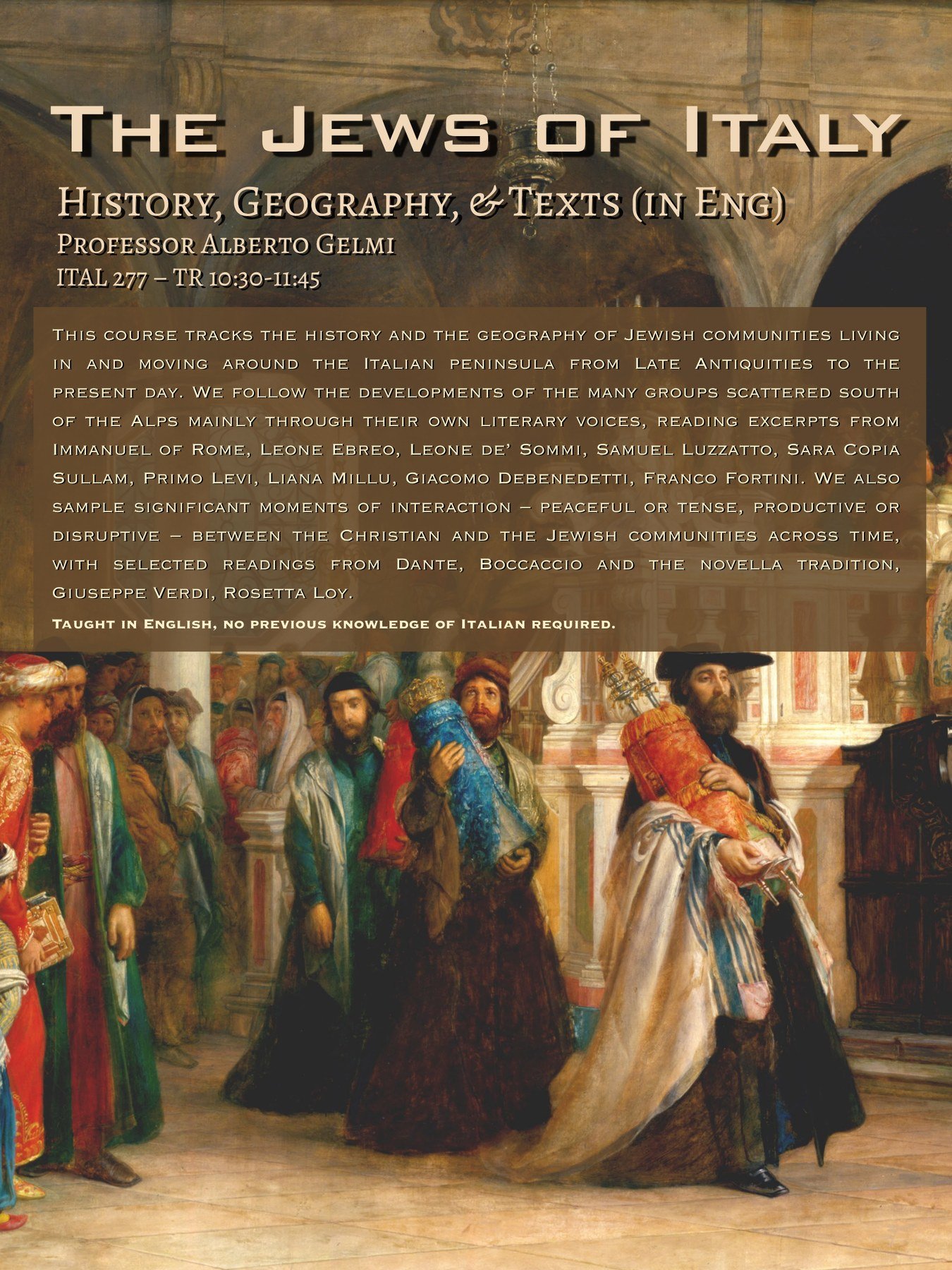 Course poster for &lsquo;The Jews of Italy: History, Geography, & Texts (in English)&rsquo; — Professor Alberto Gelmi, ITAL 277 / TR 10:30&ndash;11:45.