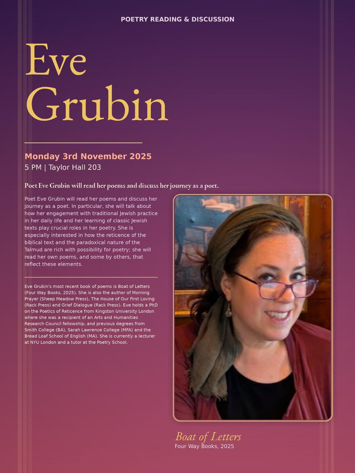 Lecture poster for Eve Grubin&rsquo;s poetry reading and discussion, November 3, 2025