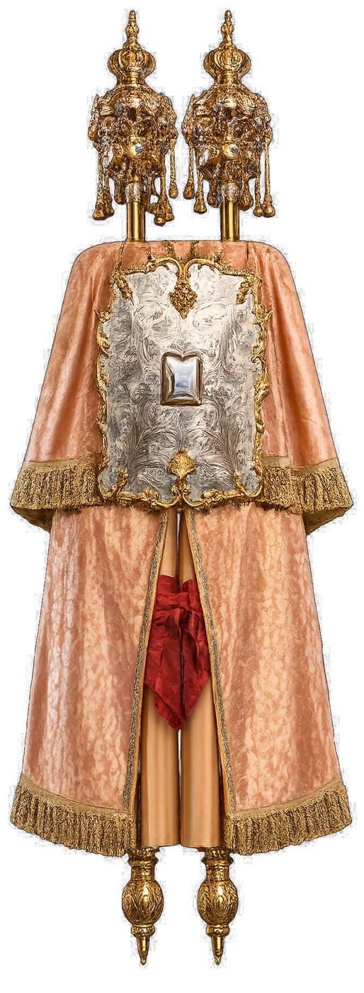 A Western Sephardi Torah scroll in its rigid wooden case (tik), opened to display the embroidered velvet mantle, silver finials (rimonim), and gold-embroidered breastplate of the Spanish and Portuguese rite.
