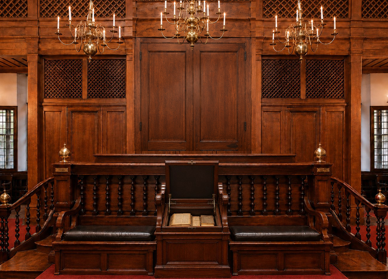 The choirmaster's bench at Bevis Marks, opened to reveal a hidden archive of liturgical books and manuscripts.