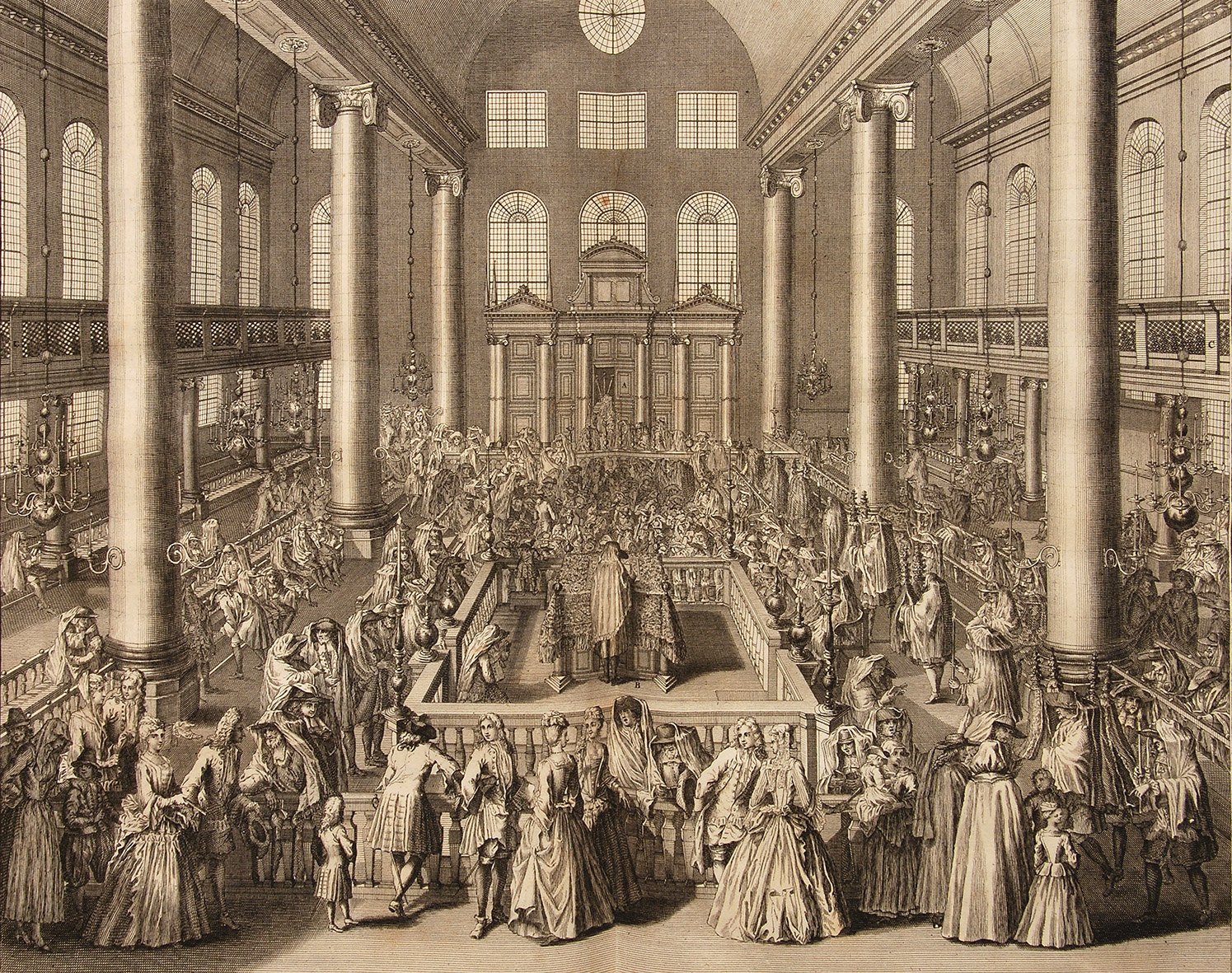 Engraving of the dedication of the Esnoga, the Portuguese (Sephardic) Synagogue of Amsterdam, from Picart and Bernard's Religious Ceremonies.