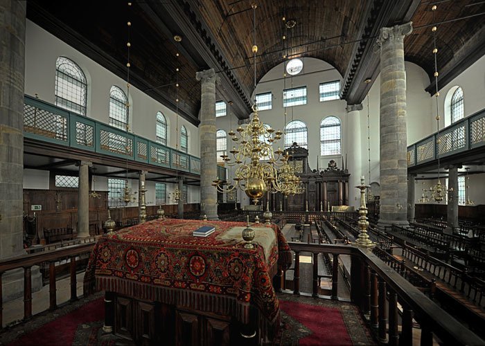 Interior of the Esnoga, the Portuguese Synagogue of Amsterdam.