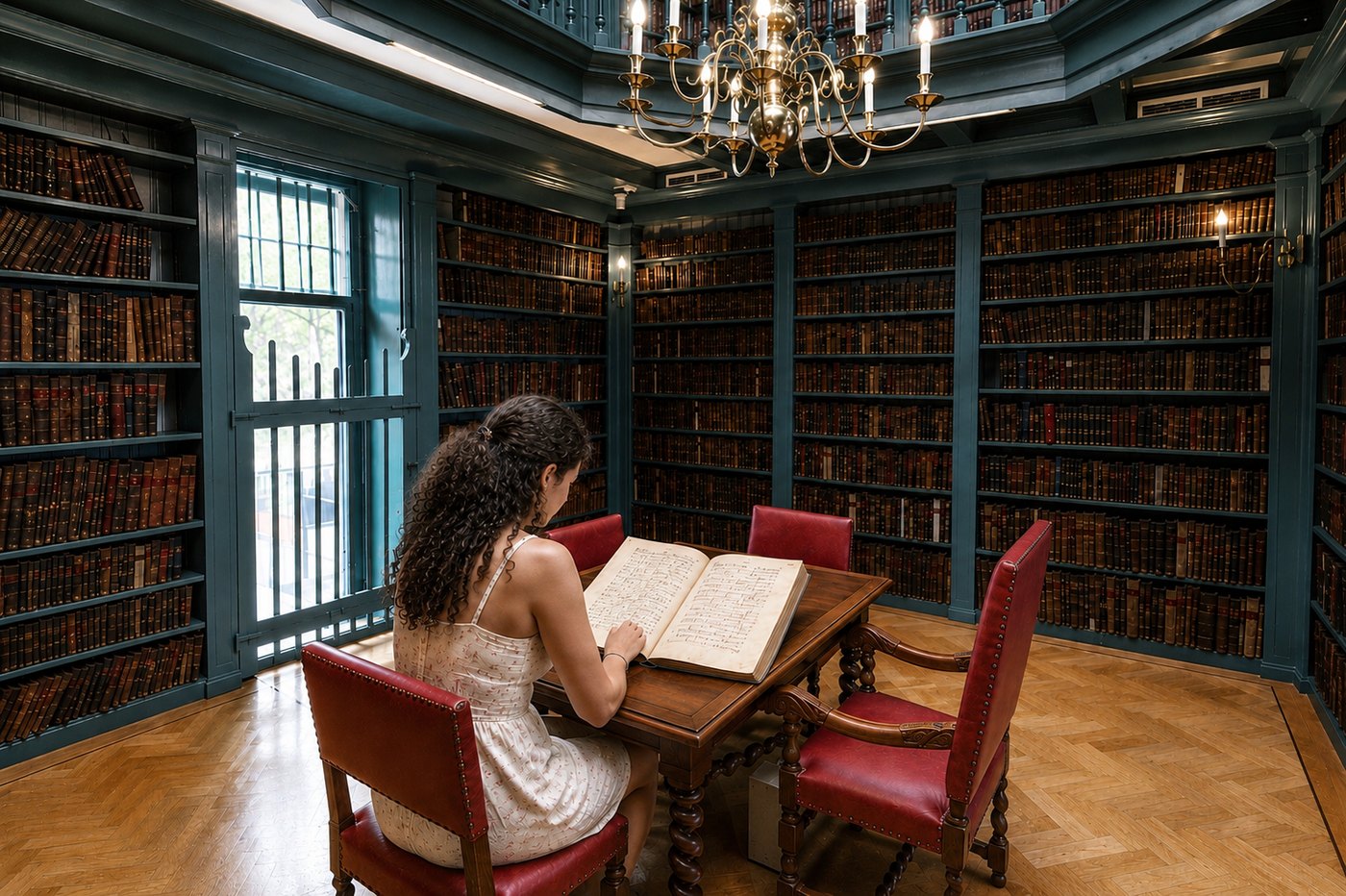 Students examining music manuscripts in the Ets Haim Library, Amsterdam.