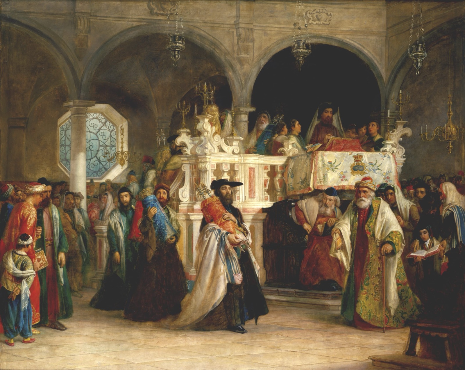 Solomon Alexander Hart, The Feast of the Rejoicing of the Law at the Synagogue in Leghorn, Italy (1850): the interior of a Sephardi synagogue crowded for Simhat Torah, with Torah scrolls carried in procession.