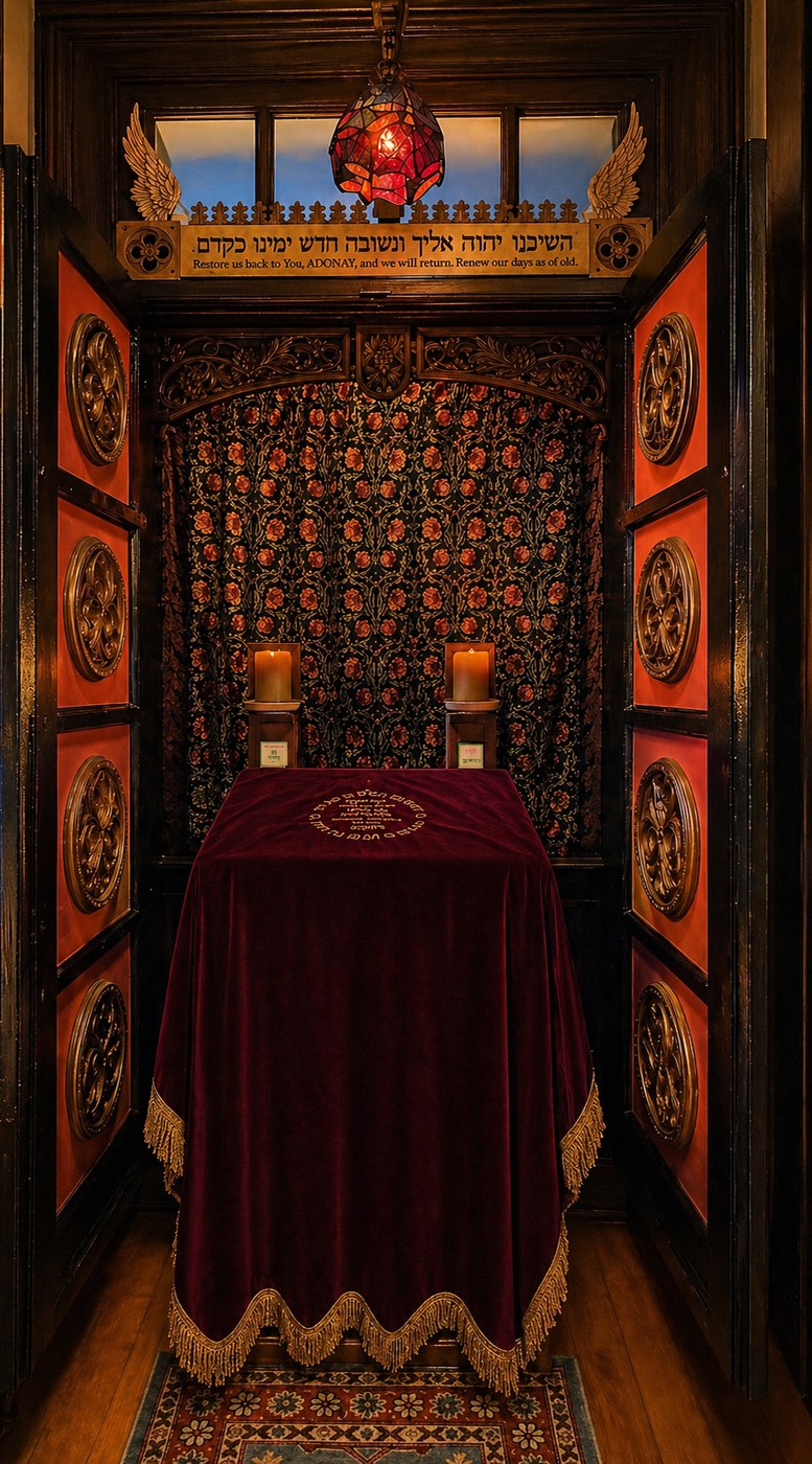 The ark of Kehillah Kedoshah Zikhron Zvi: parochet, candles, and a velvet-draped table beneath the inscription 'Restore us back to You, ADONAY, and we will return. Renew our days as of old.'