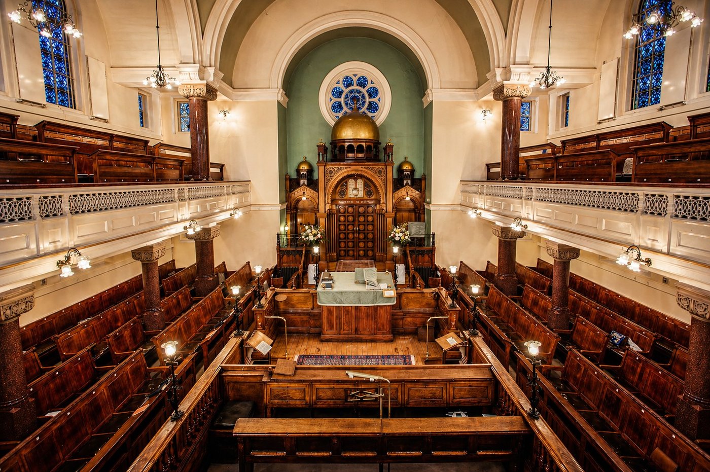 Interior of Lauderdale Road Synagogue, Maida Vale, London, seen from the gallery: the teva in the center, the gilt-domed hekhal beneath a rose window, and the wooden pews of the men&rsquo;s seating surrounded by the upper ladies&rsquo; gallery.