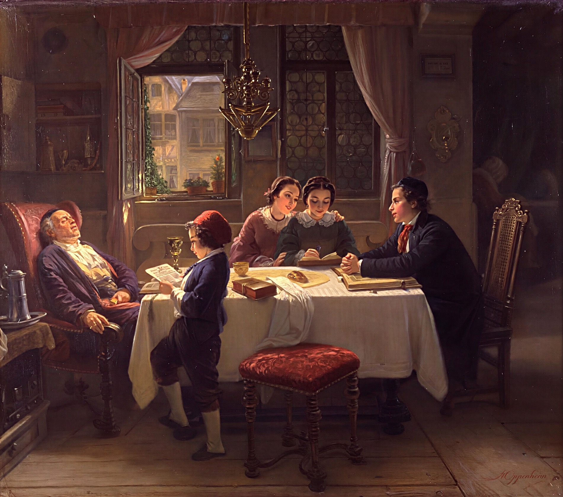 Moritz Daniel Oppenheim, Sabbath Rest (1866): a family gathered around the table on a Sabbath afternoon — an elder dozing, the others reading and singing.