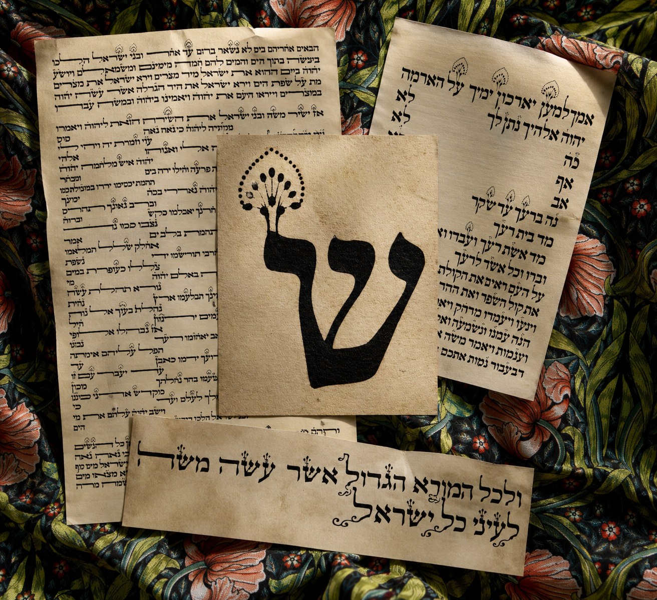 Fragments of a damaged eighteenth-century Bavarian Torah scroll, photographed against a William Morris &lsquo;Strawberry Thief&rsquo; ground. Hebrew letters in various scribal hands; one large isolated &lsquo;shin&rsquo; with a tagim crown.