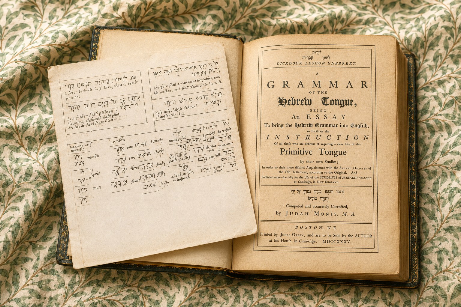 A composite image of two early American Hebrew documents: the Hebrew exercises of William Bradford (1590–1657), governor of Plymouth Colony, in a manuscript notebook with parallel English glosses; alongside the title page of Judah Monis&rsquo;s &lsquo;A Grammar of the Hebrew Tongue&rsquo; (Boston, 1735), the first Hebrew grammar printed in the New World.