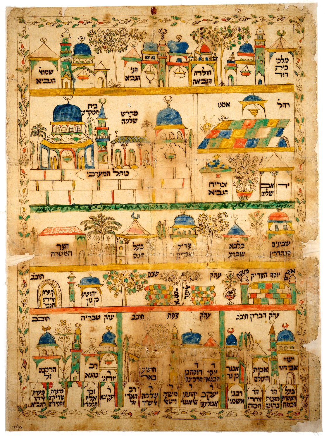 A nineteenth-century Jewish folk map of the Holy Land showing Jerusalem and its surroundings, the Cave of the Patriarchs in Hebron, the holy cities of Tiberias and Safed, and the tombs of the prophets, in hand-drawn architectural form.